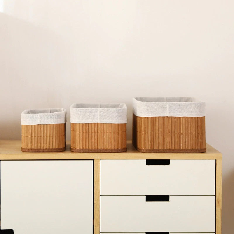 Kit 3 Cestos Organizadores de Bambu Multiuso com Forro