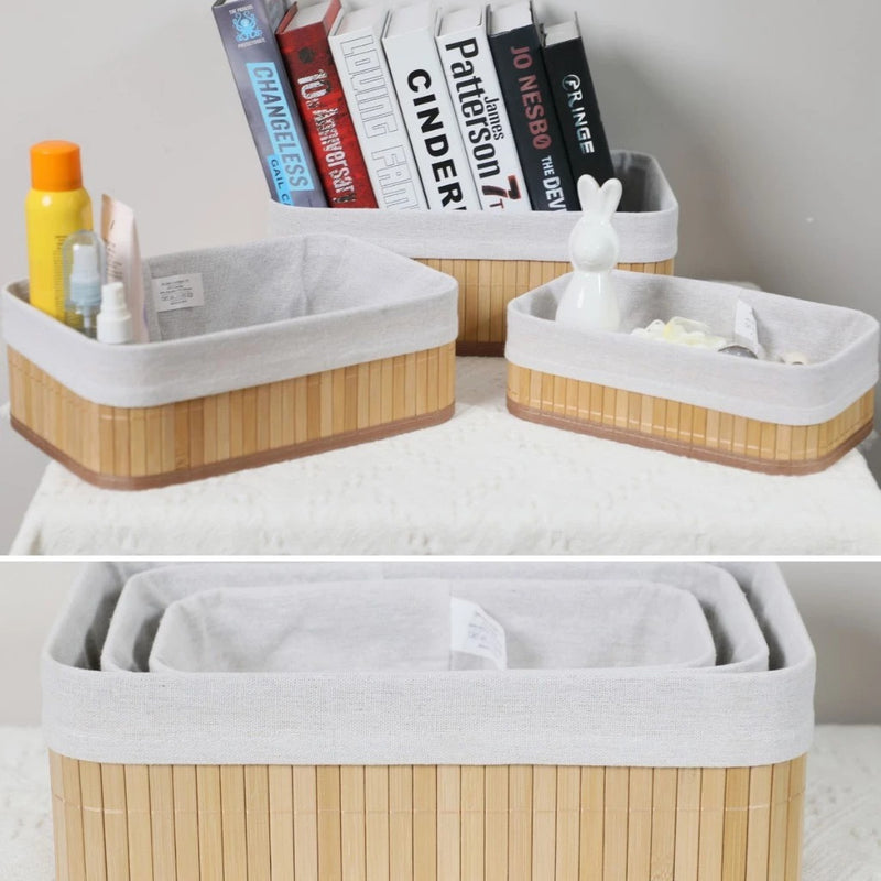Kit 3 Cestos Organizadores de Bambu Multiuso com Forro