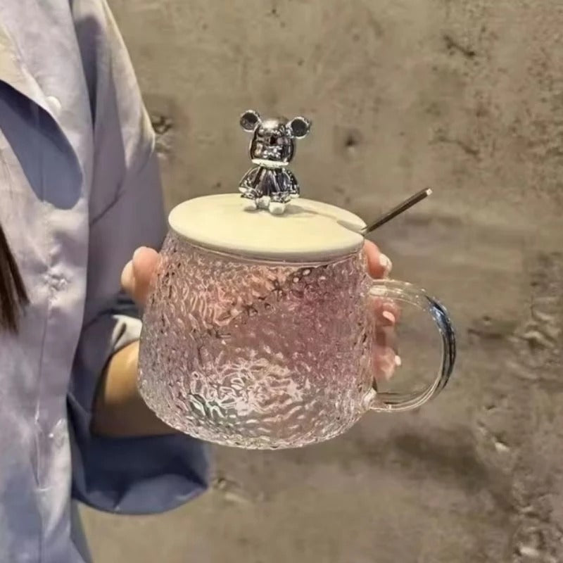 Caneca Copo de Vidro Bear Ursinho Com Tampa Colher 320ml Para Chá Café Leite Cappuccino Diferente