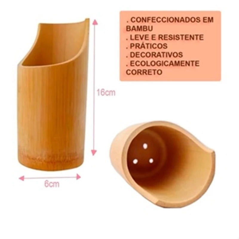 Kit Colher De Pau Utensílios Em Bambu 5 (4 talheres + suporte) Peças Anti Fungos Casa Cozinha Colheres