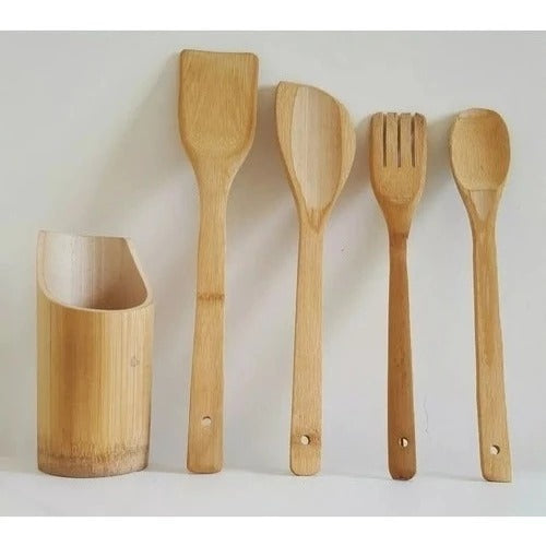 Kit Colher De Pau Utensílios Em Bambu 5 (4 talheres + suporte) Peças Anti Fungos Casa Cozinha Colheres