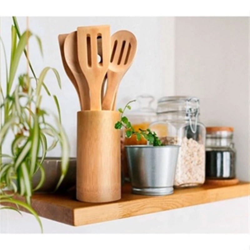 Kit Colher De Pau Utensílios Em Bambu 5 (4 talheres + suporte) Peças Anti Fungos Casa Cozinha Colheres