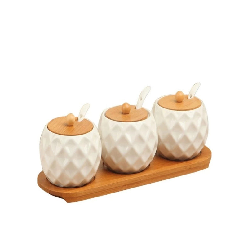 Kit Com 3 Peças Porta Mantimento em Cerâmica com Tampa de bambu com bandeja colher de bambu
