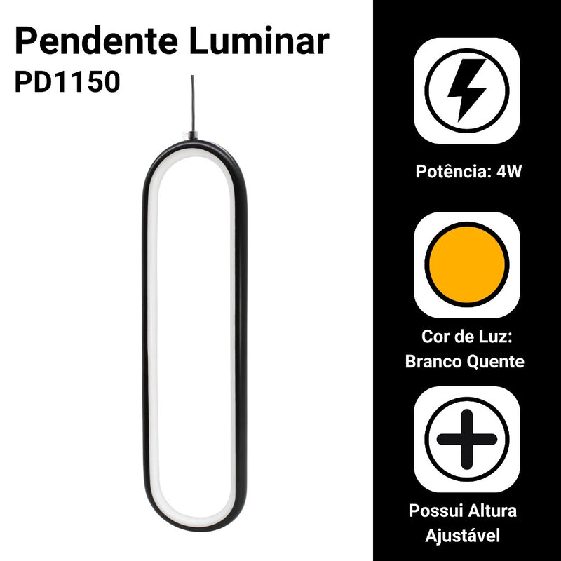 Luminária Pendente Teto Lustre Luminar Led Preto Bivolt Pd50