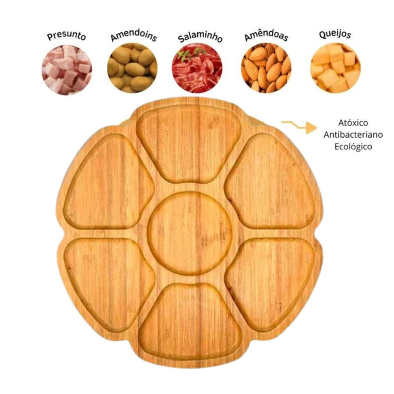 Tábua Petisco Tipo Bambu MDF FLOWER 29cm Petisqueira com 7 Divisórias para Frios Churrasco Amendoim Multiuso Gamela