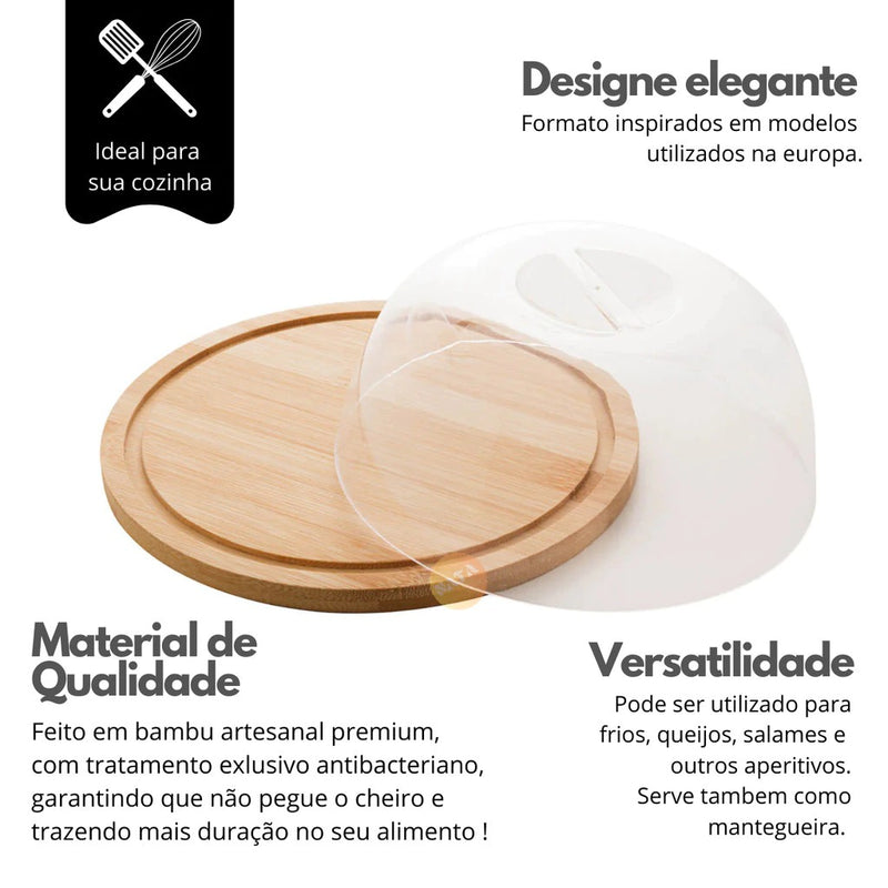 Porta Queijo Queijeira Madeira Bambu Com Tampa Mantegueira 19cm X 9cm