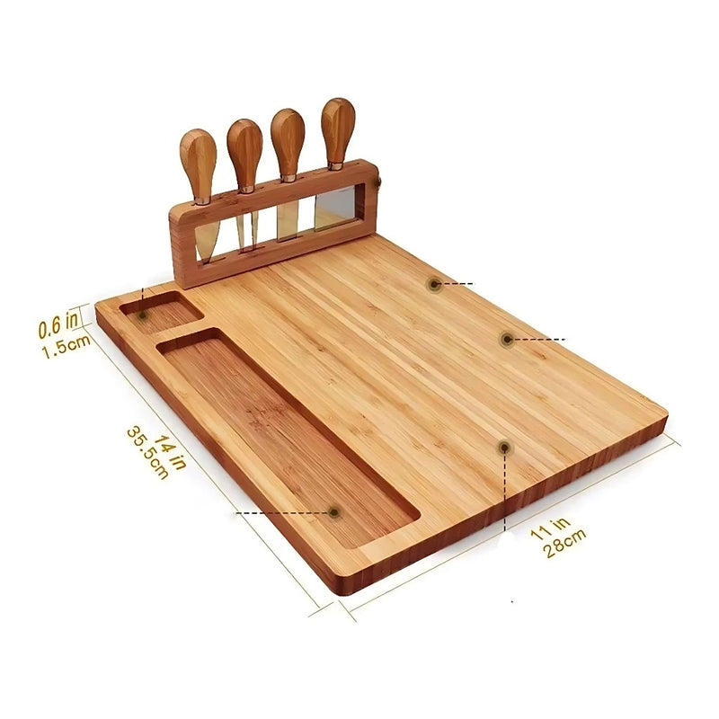 Kit Tábua Petisqueira De Queijos Em Bambu Com 4 Utensílios E Suporte